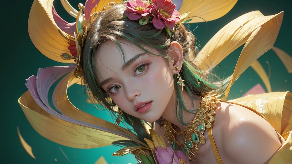 32K, 最高quality, 最高masterpiece, (ultra-Detailed Background, Detailed Background), High resolution, Super detailed, Very detailedな, One girl, (bouquet:1.3), (Tangled:1.2), (Geometric:1.2),(colorful),(masterpiece, quality, best quality, Official Art, Beautiful and beautiful:1.2), (1 girl:1.3), Very detailed,(colorful:1.1)(Flowers:1.3),Most detailed,(Tangled:1.2), whole body, (Abstract background:1.3), (Skin glows), (Many colors:1.4), ,(Earrings Jewelry:1.5), Light green background,