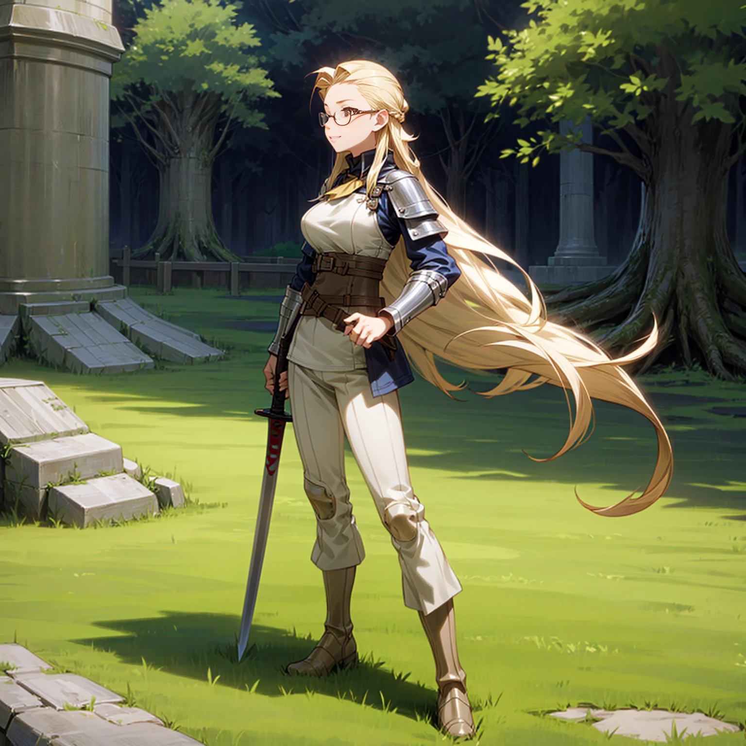 Solo character, full body version, young girl, brown eyes, blonde color hair, very long hair, long bob hair, soldier clothing, bare shoulder clothing, boots, outdoor, Castle, medieval, morning, standing gesture, detailed background, detailed clothing, detailed hair, happy eyes, (food wars style art), glasses, sword in hand, very big breast 