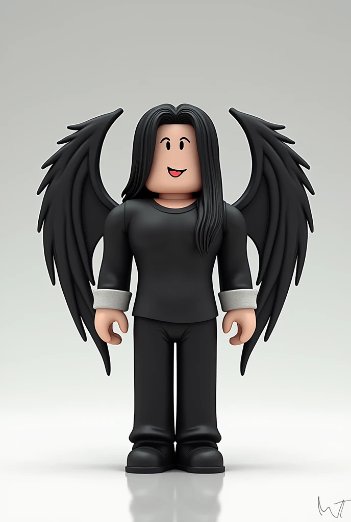 My Roblox character has a long-sleeved shirt with white fabric at the end, black hair, a face with a tongue sticking out a little, long pants, and wings, one black and one white.
He is a male character.
