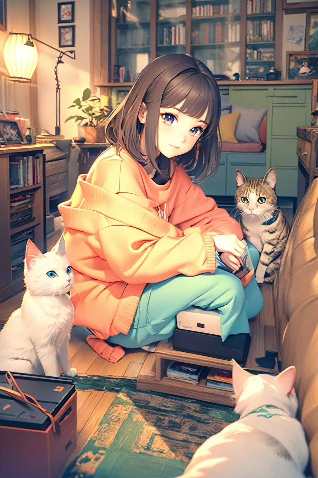 Anime girl sitting on a sofa with two cats and a laptop, Digital anime illustration, Anime Style. 8k, Digital anime art, Realistic Anime 3D Style, Anime Style 4 k, Created by Anime Painter Studio, Gweiz-style artwork, Cute cat anime visuals, Painted in an anime artist's studio, Beautiful anime cat girl