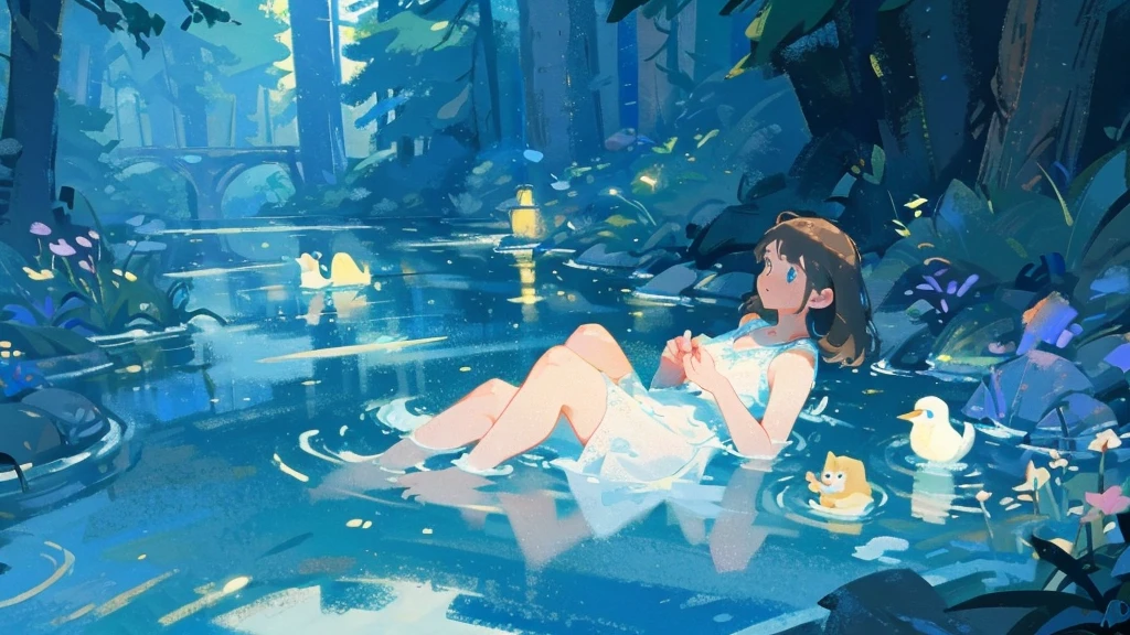 By the stream in the woods、Scene with pretty young woman relaxing with her feet in water、Perfect Face、particle