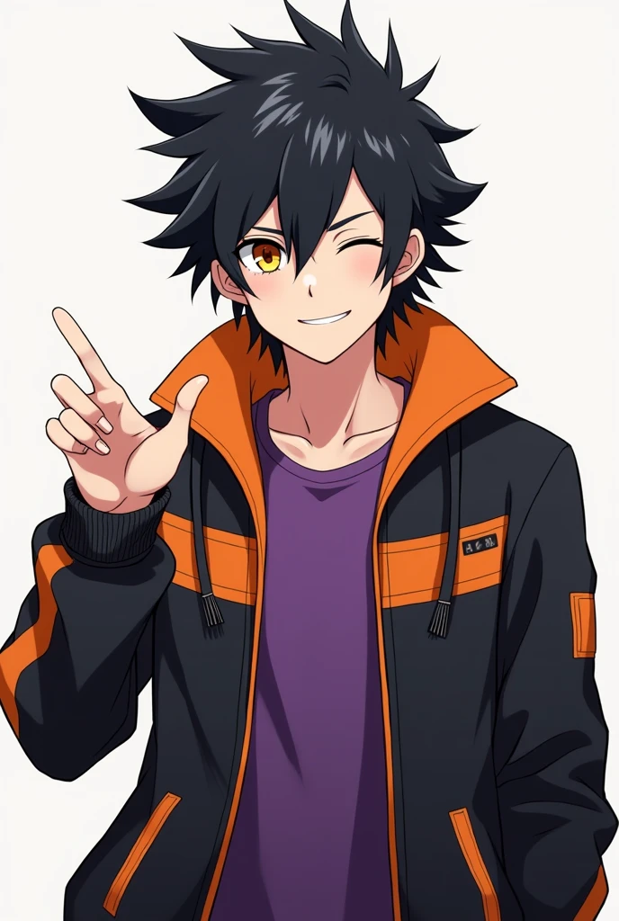 body hair: black and messy, typical of anime characters.
expression: Confident and friendly, with a smile on his face and a wink in his eye.
badass clothing: Wears a black jacket with orange details and a purple t-shirt underneath, which gives the character a modern and cool look.
accessory: The character makes a gesture of "like" with the right hand, reinforcing the idea of confidence and positivity.