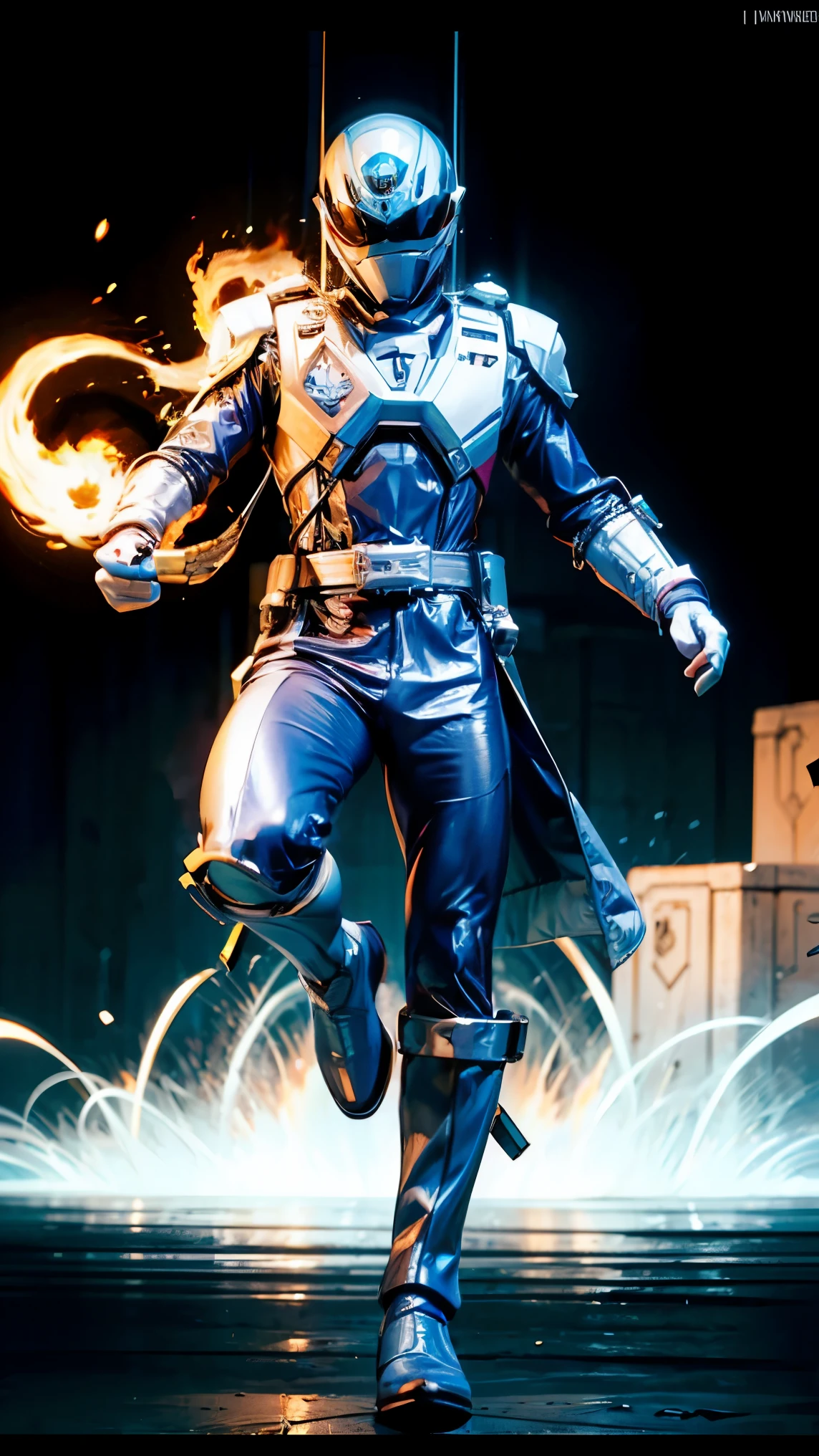 1boy, white, full body, Illustration, cinematic light, high resolution, best quality, ultra detailed, masterpiece, power suit, powerranger, suit, spd, (silver royal guard ranger suit), gold detail, holding white pistol, flowing, light armor,  martial arts, dynamics, flames, particles