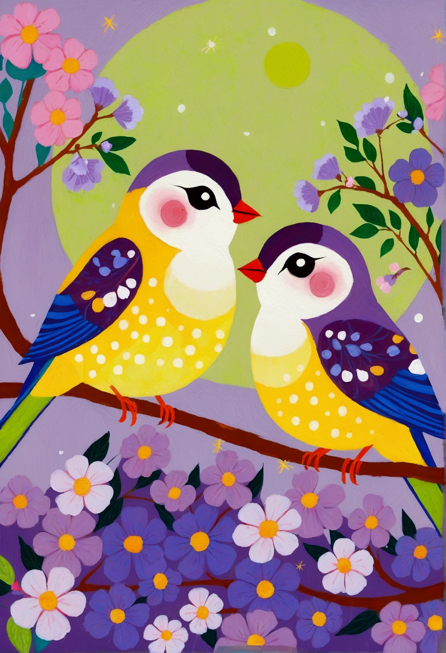 Painting of two birds sitting on a branch with flowers, brightly colored bird, Purple和黄色, Cute, colorful and adorable, Lavender and Yellow color scheme, 和Purple的配色方案, Mysterious Birds, Beautiful Art, Purple, Whimsical Art, 和Purple色调, Lime and Violet, Close together, Birds and Butterflies, spring, Inspired by Tomokazu Matsuyama, Pleasant