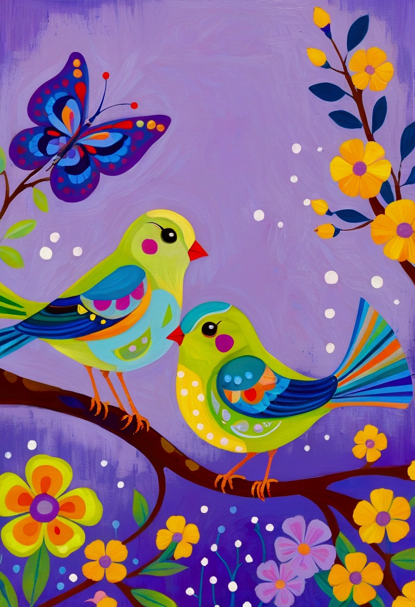 Painting of two birds sitting on a branch with flowers, brightly colored bird, Purple和黄色, Cute, colorful and adorable, Lavender and Yellow color scheme, 和Purple的配色方案, Mysterious Birds, Beautiful Art, Purple, Whimsical Art, 和Purple色调, Lime and Violet, Close together, Birds and Butterflies, spring, Inspired by Tomokazu Matsuyama, Pleasant