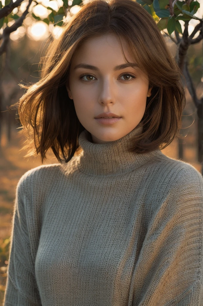 a beautiful woman in an orchard at night, wearing a turtleneck sweater, 4k, raw photo, best quality, 50mm, depth of field, ultra high resolution, complex, photorealistic, cinematic, masterpiece, ultra-detailed, detailed face, detailed eyes, beautiful detailed lips, extremely detailed skin, detailed hair, beautiful woman, orchard, night scene, turtleneck sweater, intricate details, lifelike, hyper realistic, dramatic lighting, warm color palette, natural setting, atmospheric, ethereal, stunning