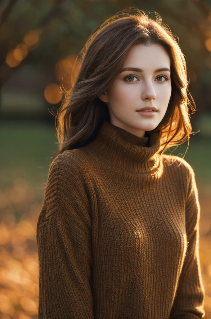a beautiful woman in an orchard at night, wearing a turtleneck sweater, 4k, raw photo, best quality, 50mm, depth of field, ultra high resolution, complex, photorealistic, cinematic, masterpiece, ultra-detailed, detailed face, detailed eyes, beautiful detailed lips, extremely detailed skin, detailed hair, beautiful woman, orchard, night scene, turtleneck sweater, intricate details, lifelike, hyper realistic, dramatic lighting, warm color palette, natural setting, atmospheric, ethereal, stunning