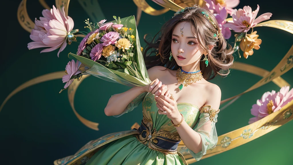 32K, 最高quality, 最高masterpiece, (ultra-Detailed Background, Detailed Background), High resolution, Super detailed, Very detailedな, 1 personの, (bouquet:1.3), (Tangled:1.2), (Geometric:1.2),(colorful),(masterpiece, quality, best quality, Official Art, Beautiful and beautiful:1.2), (1 person:1.3), Very detailed,(colorful:1.1)(Flowers:1.3),Most detailed,(Tangled:1.2), whole body, (Abstract background:1.3), (Skin glows), (Many colors:1.4), ,(Earrings Pearl:1.5), Light green background, It's imaginative., Brunette Hair, Updo, Holding a book, Holding a pen, Satin shirt,