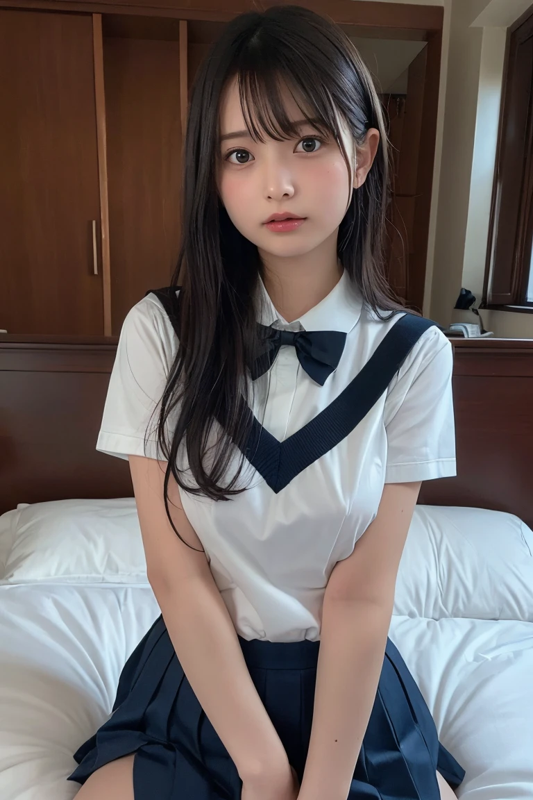 (Highest quality:1.4),(masterpiece:1.4),(Realistic:1.4),(Realistic:1.2),(超High resolution, RAWphotograph:1.4),(High resolution, Very detailed:1.2),(8k:1.2),photograph,黒髪のphotograph,One Girl,alone,Embarrassed face,((school uniform)),((Upper Body:1.3)),((bed,tits,Nipples are visible,naked,bedで仰向け,Touch the lower body))