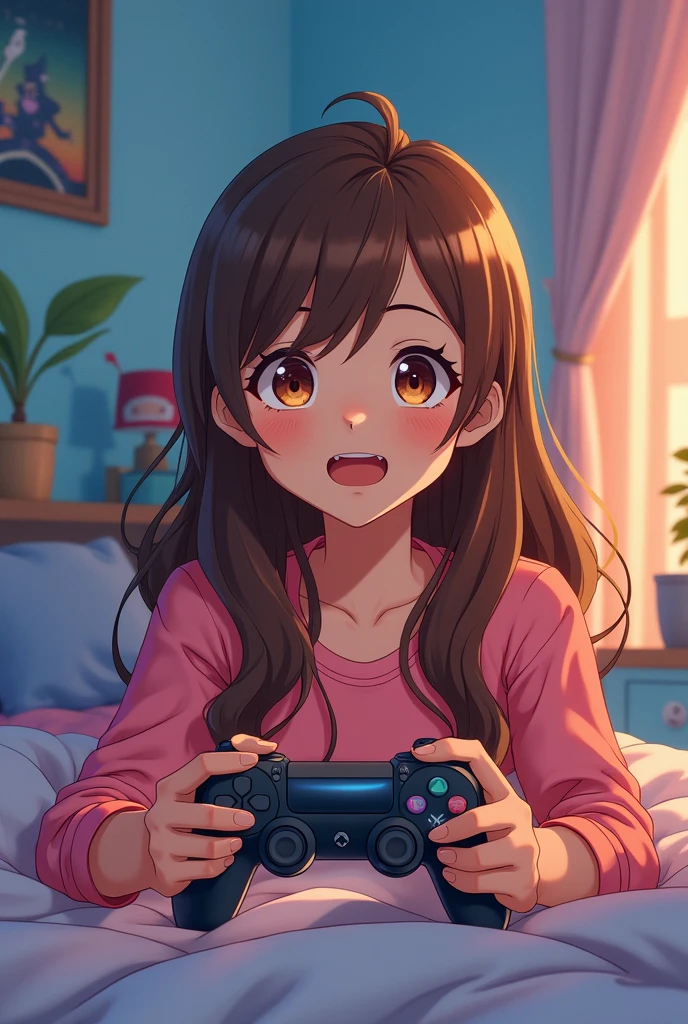 Anime gamer girl with tanned skin,brown eyes ,brown long hair,she is on her blue and orange pastel room and she Play with Game controllers