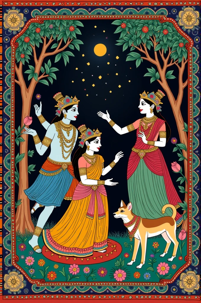 Madhubani + Pattachitra: Blend the vibrant colors and motifs of Madhubani painting with the detailed narrative style of Pattachitra.
