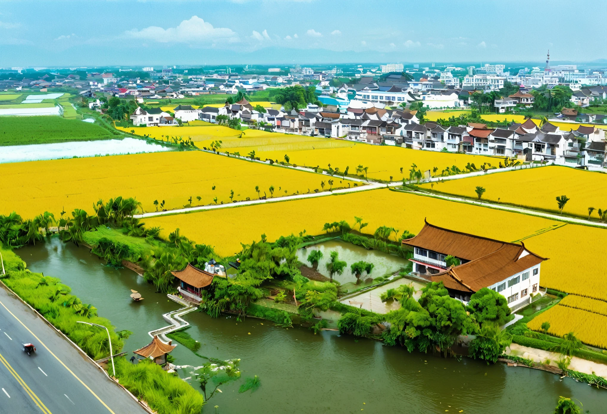An aerial view of a river winding through a rural area, Rice fields and river, Rice fields in Malaysia, grass field surrounding the city, Look from above, Aerial photography, ruanjia, Viewed from directly above, small town surrounding, China Village, zhouzhuang ancient town, Watch from above, Aerial Photography, countryside city scene， Extreme landscape photography， 8k ，USD， HD， Detailed Details
