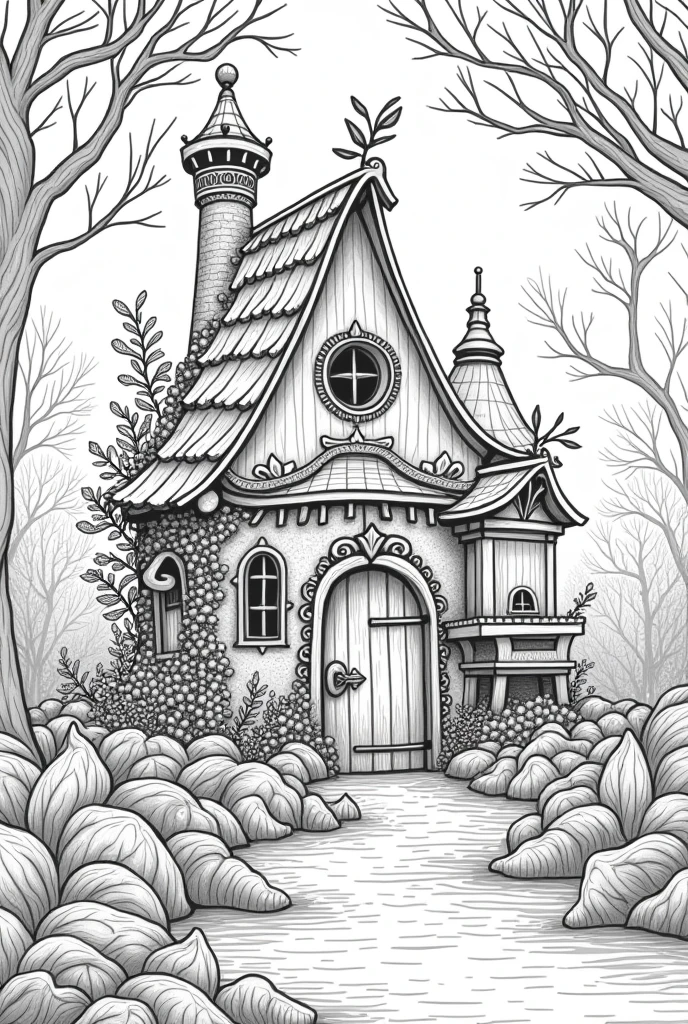 Fairy house nature background high details black and white best adult coloring pages