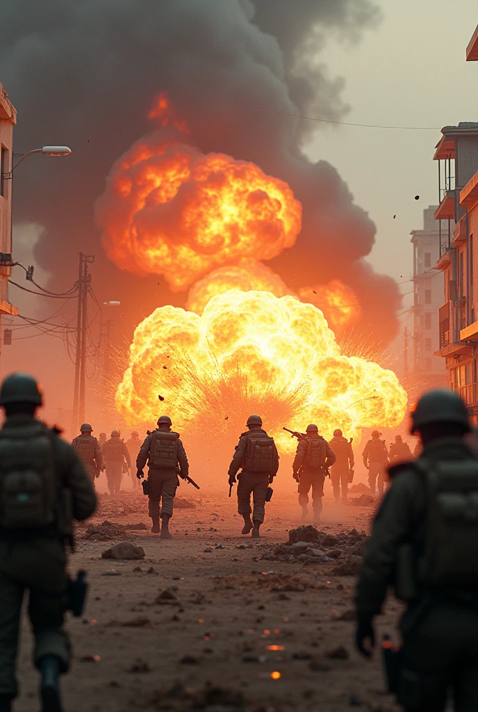 Provide a image of battle in background and bomb blast on the ground with cinematic image