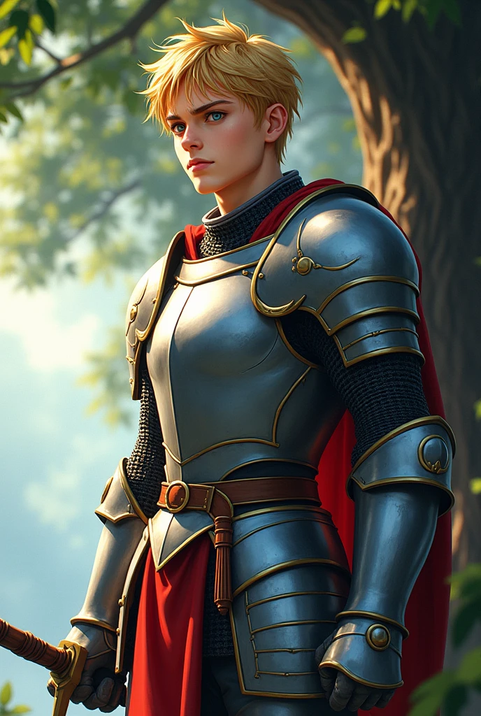 young man, Blonde hair, blue eyes, Wearing knight armor, Not wearing a helmet,Waist Sword, Under the shade of a tree, Drawing style: Manga 2.5D