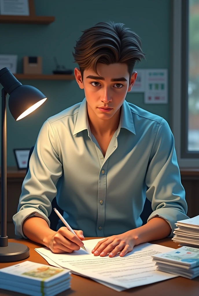 There is 33 years old electrical engineer that has no beard and he weared work clothes and he is behind his desk and there is some important paper and some euro pack and he is really series
Make him younger
And cwork clothes