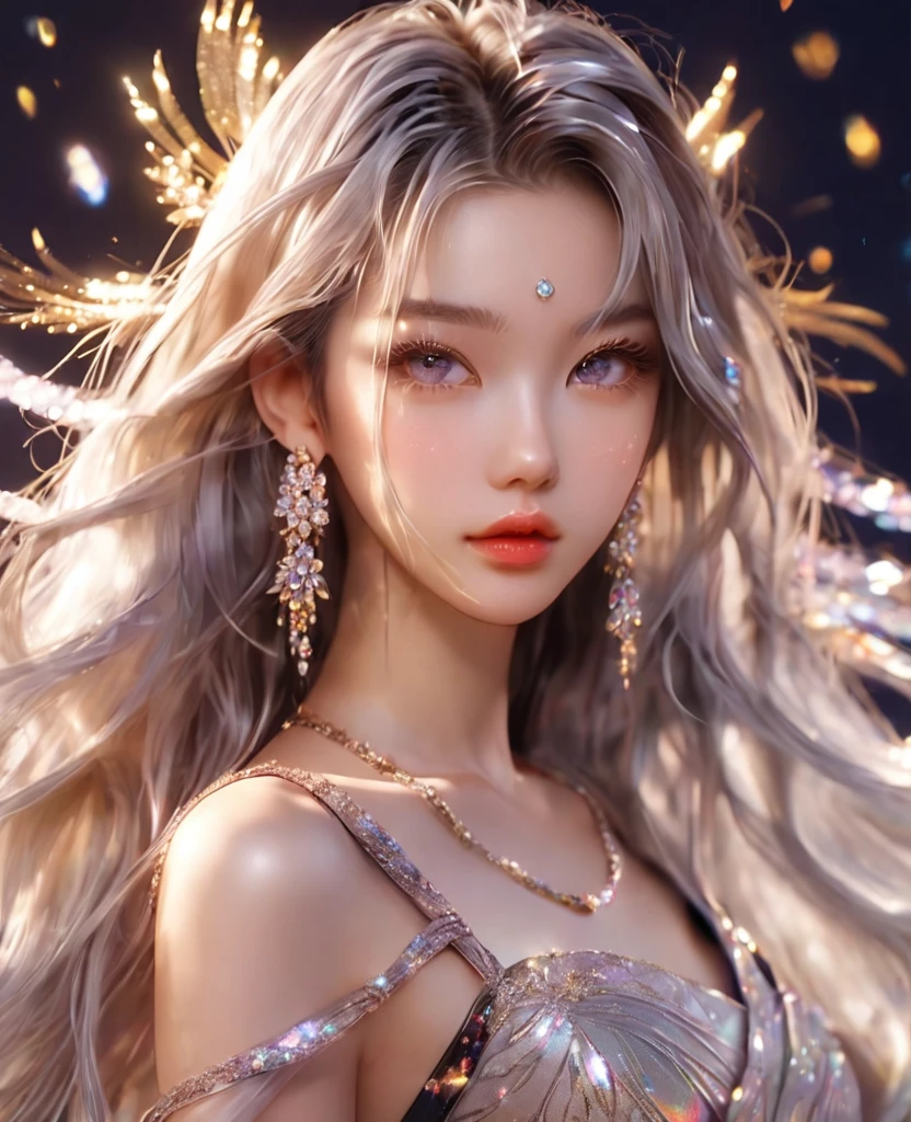 8K,Asian beauty girl,an extremely delicate and beautiful,Beautiful and realistic skin,Shiny jewel-like earrings,like glitter silver hair,,beautiful eyes,full body