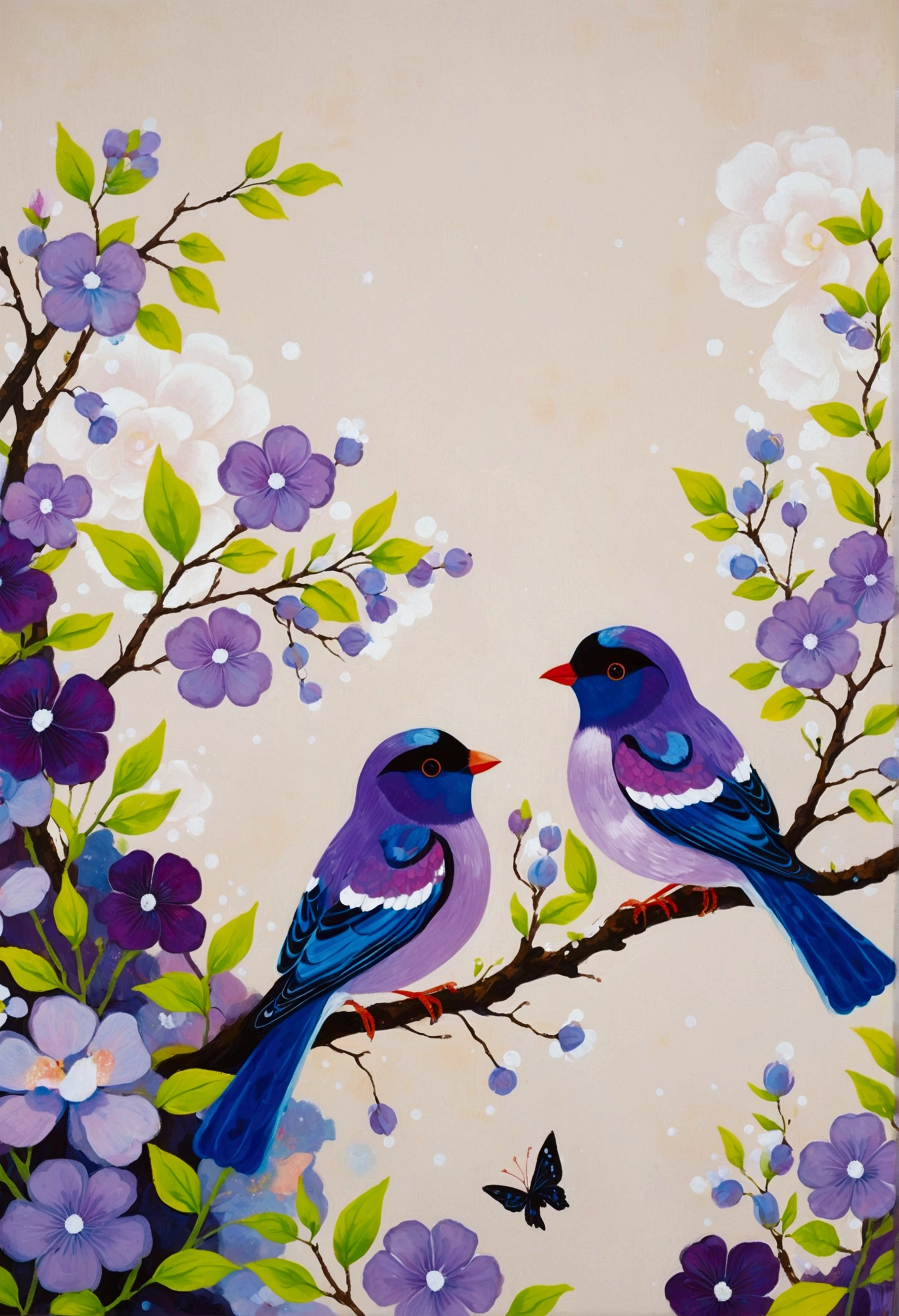 Purple水彩晕染:1.38.Painting of two birds sitting on a branch with flowers, brightly colored bird, Purple和, Cute, colorful and adorable, Lavender Color and Color Schemes, 和Purple的配色方案, Mysterious Birds, Beautiful Art,  Purple, Whimsical Art, 和Purple色调, Lime and Violet, Close together, Birds and Butterflies, spring, Inspired by Tomokazu Matsuyama, Pleasant