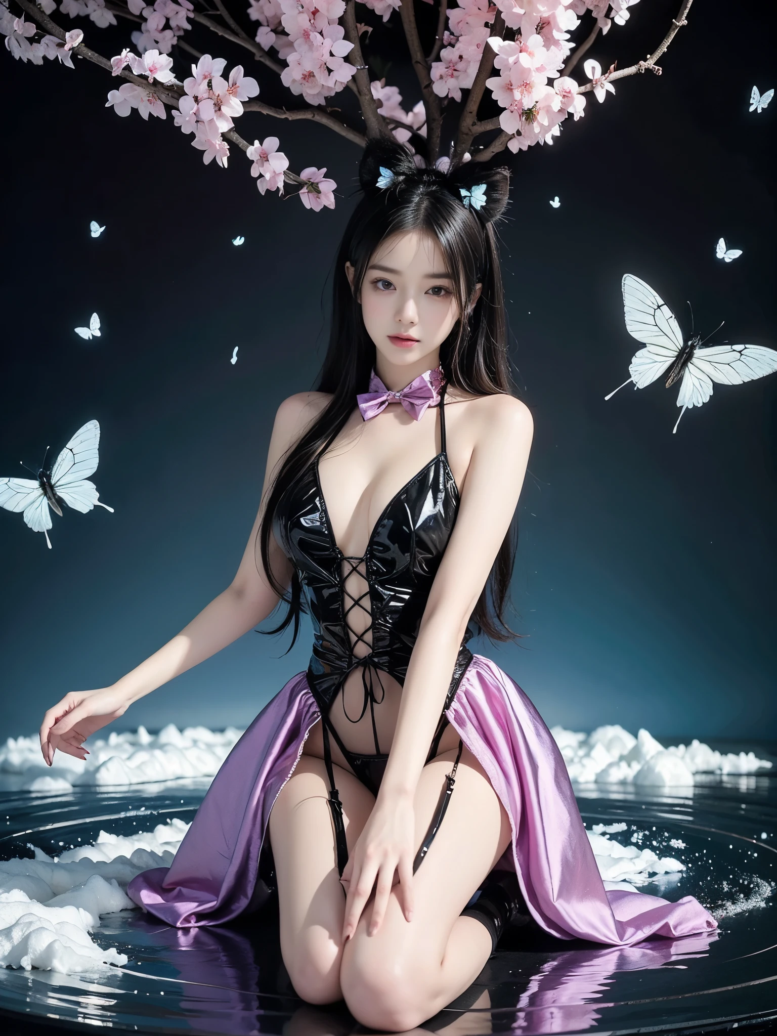 Condemnation Queen's Dress Graceful Dance Dynamics, Long legs , Water play, Sitting in the pool,play, ((Flowing long hair))Official Art , Unity8k Wallpaper , Extremely detailed , Visible cleavage, Pretty and beautiful , Sexy long legs, masterpiece , best quality ,Practical, Very detailed illustrations ,Extremely detailed , Intricate details , Extremely complex and detailed , Very detailed 8KCG wallpaper , Caustics .reflection , Ray Tracing , Devil Theme ,nebula ,Dark aura, Network Effects , (1 Girl)Solitary , 小蓝Butterfly , Dozens of monarch butterflies around , (Blue plasma flame , (insect , Butterfly)) 圣光Butterfly天使 , Butterfly翅膀 , Pastel tones in Rococo style ,Light white and light dark red , Incredibly beautiful , Cherry blossoms , Surrealism ,painting , Ethereal , Mixing reality and fantasy elements ,Ray Tracing , Complex patterns , Delicate lines , Perfect your hands, Starry Sky , rich and colorful , Star