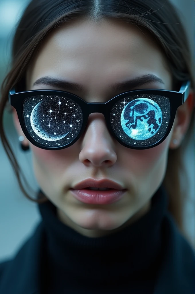 The model is wearing glass sunglasses with stars and the moon on the glass
