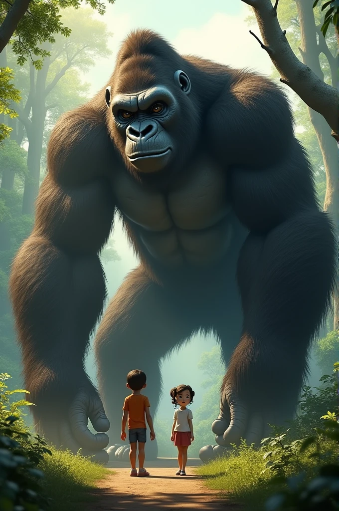 2 monkeys, 1 small, 1 medium with a spiny tail and 1 gorilla with a crown of plants