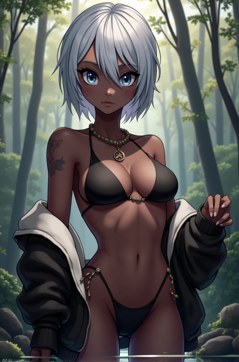 Wearing a tiny black bikini in the woods、Dark skinned girl。Having sex。Short-cut silver hair。blue eyes。The chest is very small。Neutral look。Tree Eyes。slender and toned body。My abdominal muscles are thin。body like a boy。