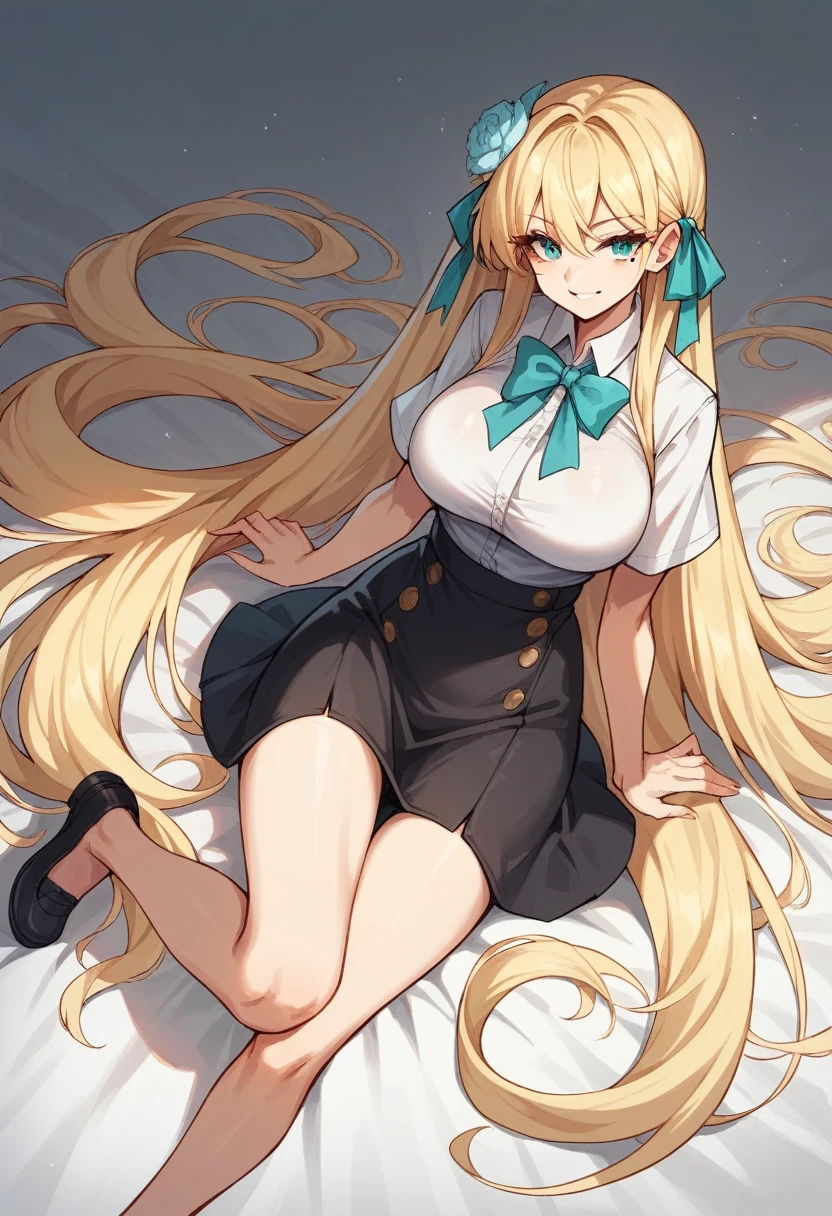 work, Highest quality, girl, long hair alternative, absurdly long hair, blonde hair, bow hair, Aqua Eye, Dubious smile,  Iris, Long eyelashes, Big Breasts, Mole on chest, White shirt, Black short skirt, shoes, meanwhile, hair ribbon, flower ribbon, hair_ribbon, hair_ribbon, hair_flower