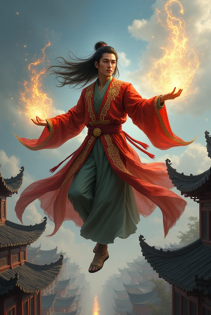 A young man in traditional Chinese clothing, with long hair and handsome features, is flying high above the rooftops, casting spells and warding off evil spirits., Next to it are some talismans and magic spells.