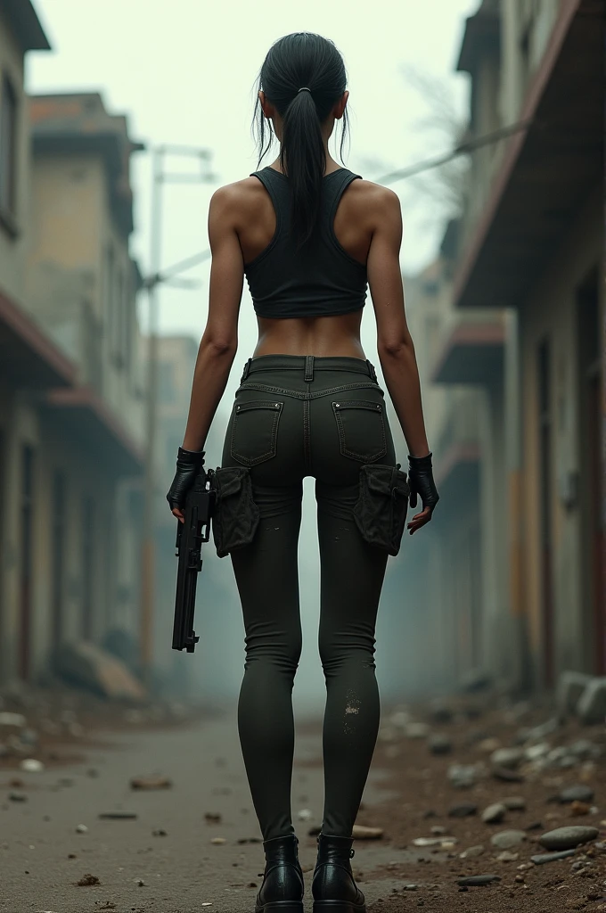 A female holding a gun at her side, posing from the back