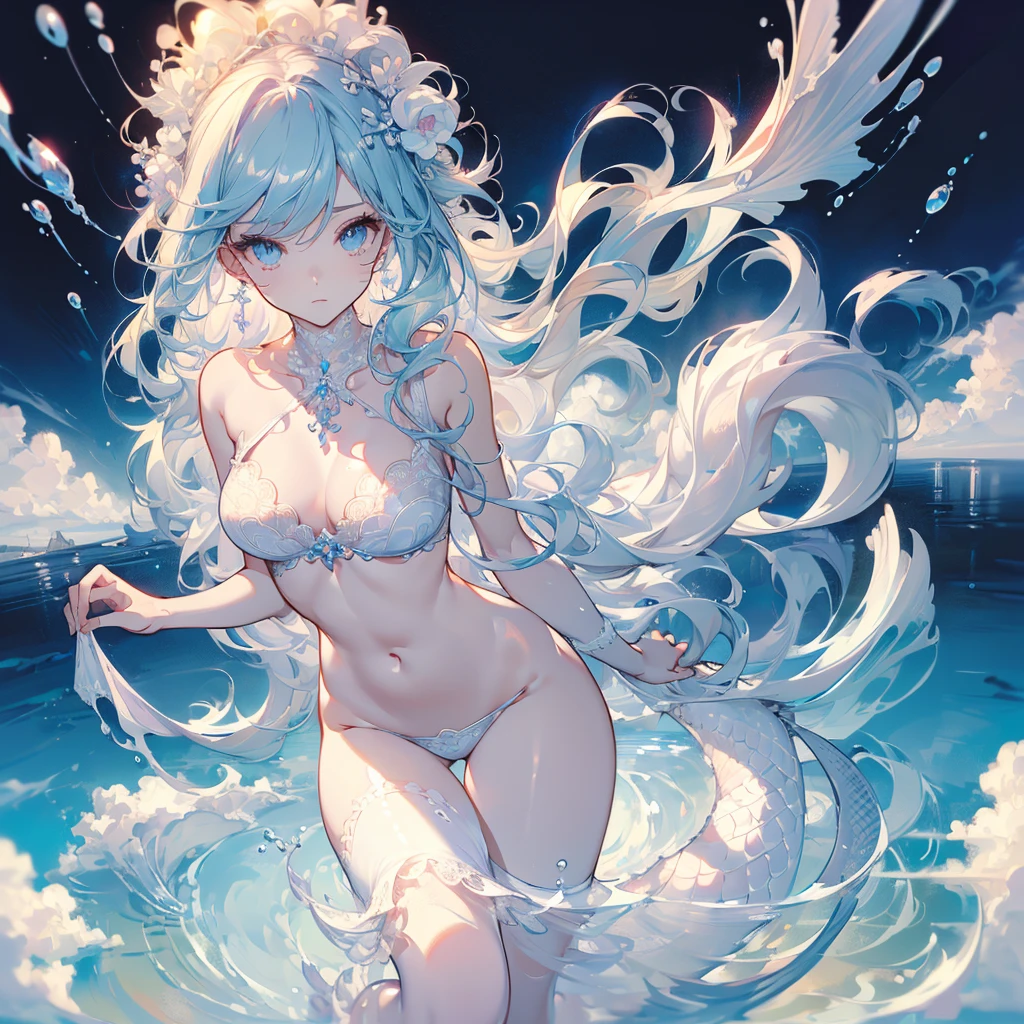 ((masterpiece, best quality)), Delicate face, The mermaid of the sea,whole body,Gradient long wavy hair,Perfect body proportions,beautiful eyes,Extremely beautiful,transparent,Pure white background,Water Ripples,Sexy Lingerie,Lace