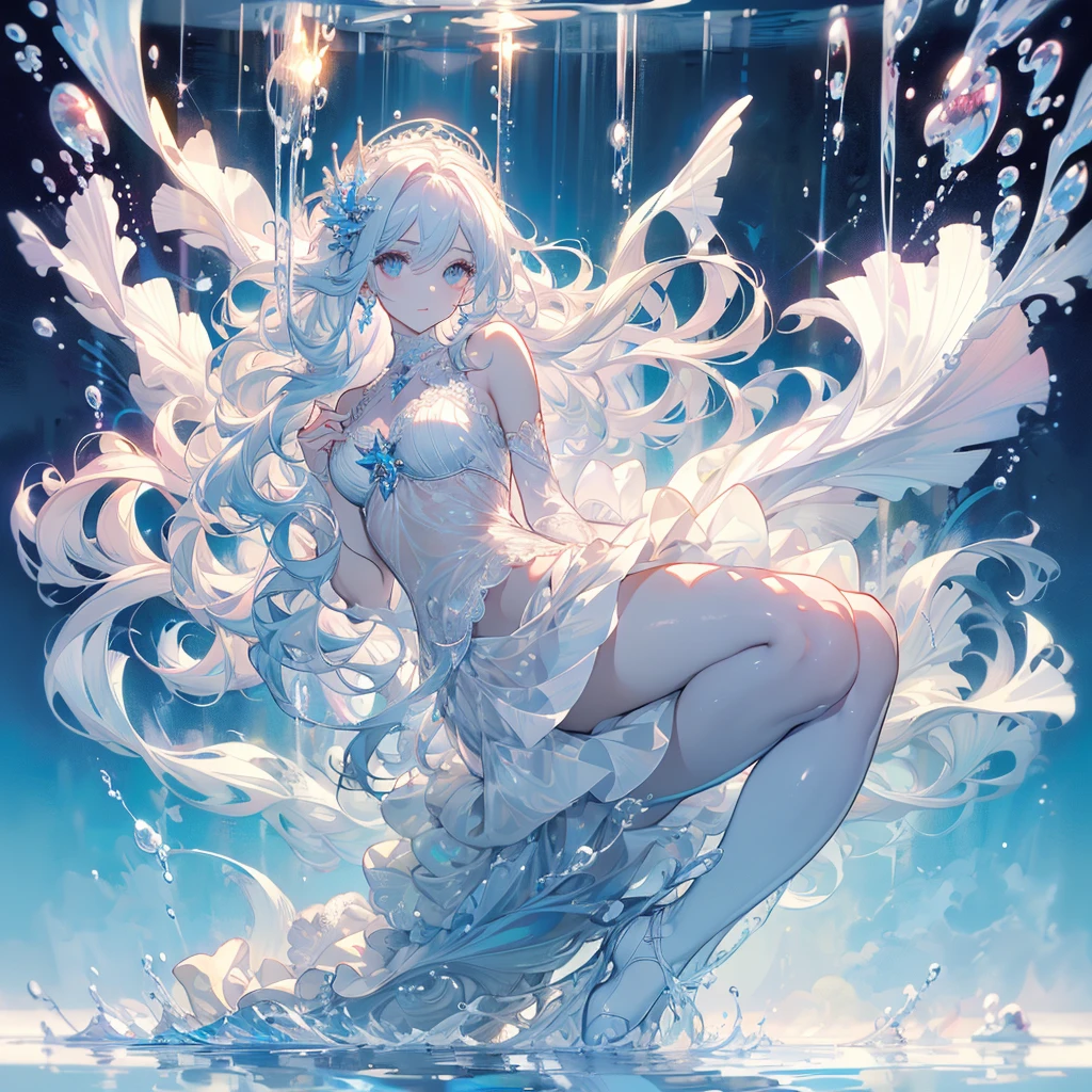 a translucent girl made of water,moon,nude,expressionless,(Background), masterpiece, best quality,Illustration, Wallpaper, ultra detail, absurdres, 1girl, solo, (liquid hair:1.3), beautiful detailed eyes,
bangs, cowboy shot, long hair, magical girl, white hair, waves,  water,  water drop, looking to the side,
street,