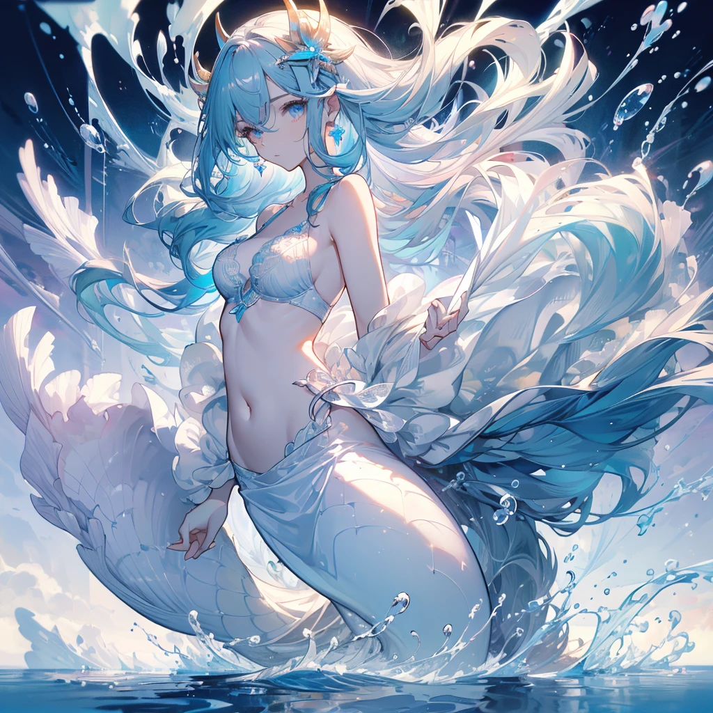 ((masterpiece, best quality)), Delicate face， The mermaid of the sea，whole body，Gradient long wavy hair，Perfect body proportions，beautiful eyes，Extremely beautiful，transparent，Pure white background，Water Ripples，Sexy Lingerie，Lace