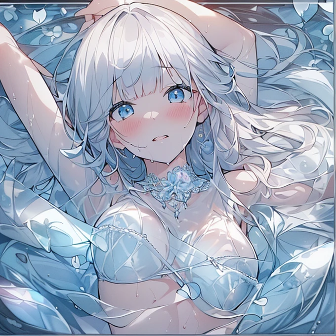 1 girl, White fluffy bikini, (((Wet))), White Room, Cinema Lighting, Hot room, Beautiful long neck, choker,relax, Raise your knees:1.5, Sleepy milky white face, White micro bikini, Beautiful long thighs, Pale skin, beautiful thin face、Nap time , Detailed Hair, (Beautiful big round eyes), (The extremely complex pupil in the eye, Shining Eyes),  Lips parted, cute, cute, ( Flat Chest), thin, (Very delicate and beautiful skin), Very detailed costume, Perfect Anatomy, Dynamic Angle, break (masterpiece, Highest quality), (Ultra high definition 8K), (Perfect design), Absurd, High resolution, ((blush)), (Ultra-fine illustrations), ((light blue Long Hair))), 10 years old, Long Hair ((blush)), masterpiece, Highest quality, (wonderful, Beautiful attention to detail, Blunt bangs),、(最High resolution、clear_image) Highest quality、(((Transparency)))、Light and shadow contrast、Simple Background、((Soaring blue petals))、((Enlighten))、Very detailed、Semi-realistic、((compensate)),Braided Hairstyles、Expressionless、((White shirt))、((View from above))、Delicate facial features、Facial Features、Like the whole body、

