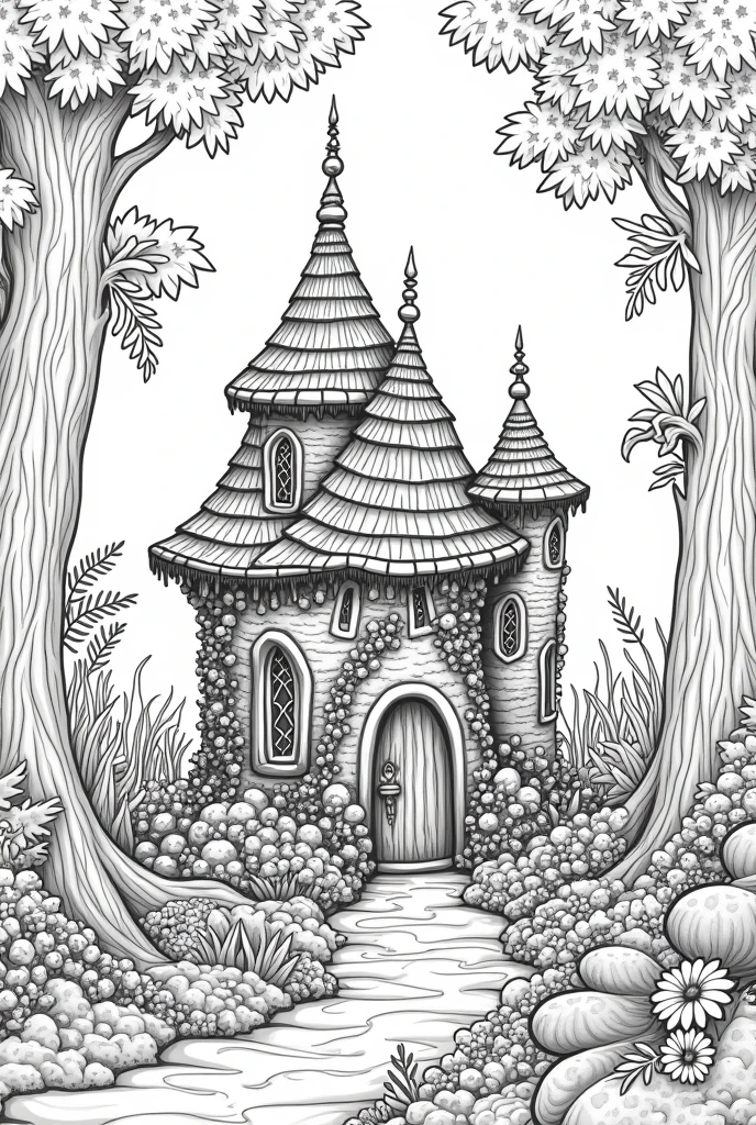 Fairy house nature background high details black and white best adult coloring pages
