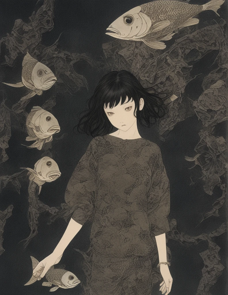 Takato Yamamoto style、Please generate an illustration of a beautiful girl observing an exhibition room in a museum filled with fish bone specimens. The main thing is fish specimens. The exhibition room is dark and only the fish bone specimens are lit up. Incorporate fantasy elements with magical landscapes. Please make it look like the key visual of the anime. --s 1000 --c 1 --style raw --no lowest detailed , lowest quality , poor illustration , flat , realistic
