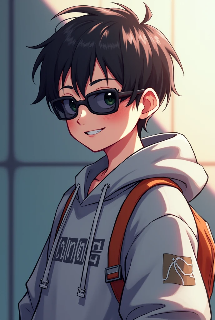Cool anime character with hoodie and sunglasses looking in the camera with happy face 