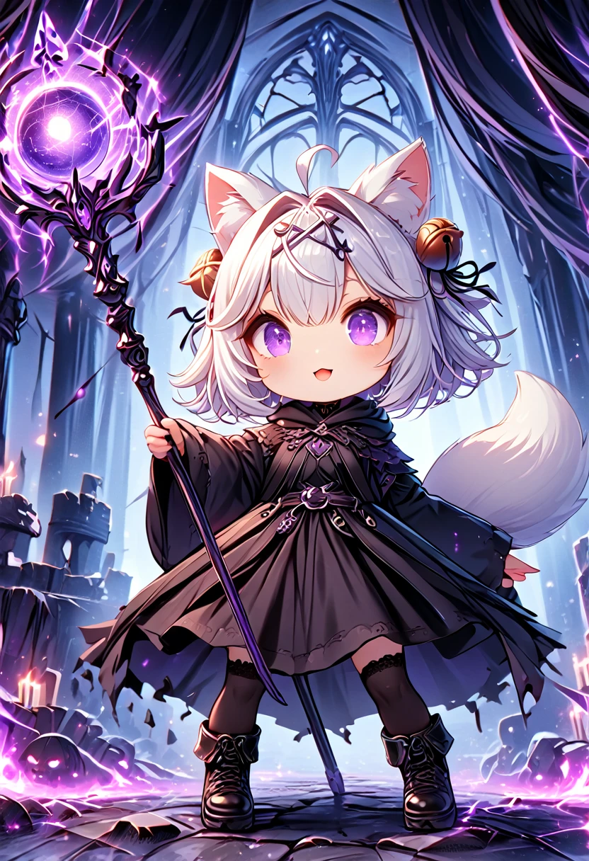 master piece, best quality, ultra-detailed, illustration, midnight, battlefield, gloomy atmosphere, broken castle, broken walls, ruins, purple flames, purple moon,  1girl, solo, chibi, (big head), cute pose, front view, looking at viewer, ((full body Close up)), chubby, fat, filian, filianoverall, Filiansailor, ((white hair)) , short hair, shoulder length hair, fly-away hair, bangs, hairclip, purple hair ornament, cat ears, (hair bell:1.3) ahoge, purple eyes, open mouth, smiling, (white fox tail), (black tattered robe), long gown, black arm sleeves, black gloves, wielding orbstaff, black stockings, black boots