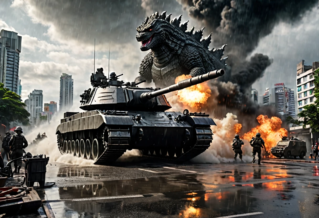 a heavily armed and armored tank, firing its weapons at Godzilla, Godzilla on a rampage in Bangkok, daytime, army assault on Godzilla, photorealistic, 8k, cinematic lighting, dramatic angles, intense action, powerful explosions, detailed textures, dystopian cityscape, dark clouds, rain and mist, epic scale, highly detailed, masterpiece