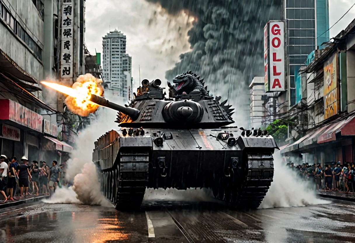a heavily armed and armored tank, firing its weapons at Godzilla, Godzilla on a rampage in Bangkok, daytime, army assault on Godzilla, photorealistic, 8k, cinematic lighting, dramatic angles, intense action, powerful explosions, detailed textures, dystopian cityscape, dark clouds, rain and mist, epic scale, highly detailed, masterpiece