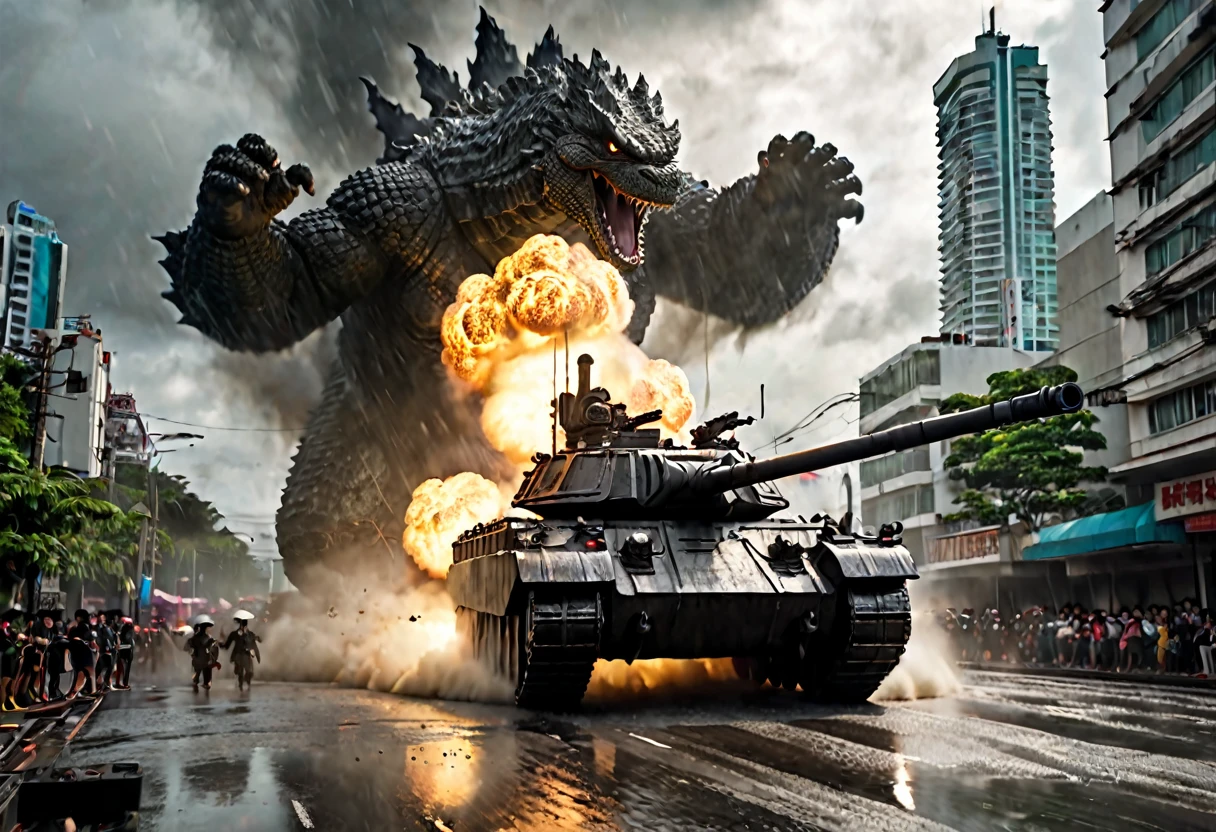 a heavily armed and armored tank, firing its weapons at Godzilla, Godzilla on a rampage in Bangkok, daytime, army assault on Godzilla, photorealistic, 8k, cinematic lighting, dramatic angles, intense action, powerful explosions, detailed textures, dystopian cityscape, dark clouds, rain and mist, epic scale, highly detailed, masterpiece