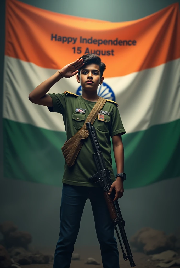 A 18 year old boy named SARATH  stands wearing an army T-shirt and gun with hand with his name on it, holding the Indian flag. In the background, there’s a large Indian flag with ‘Happy Independence Day 15 August’ written. He is saluting with seals and smoke in a dark background. Create a 3D realistic high-quality photo.