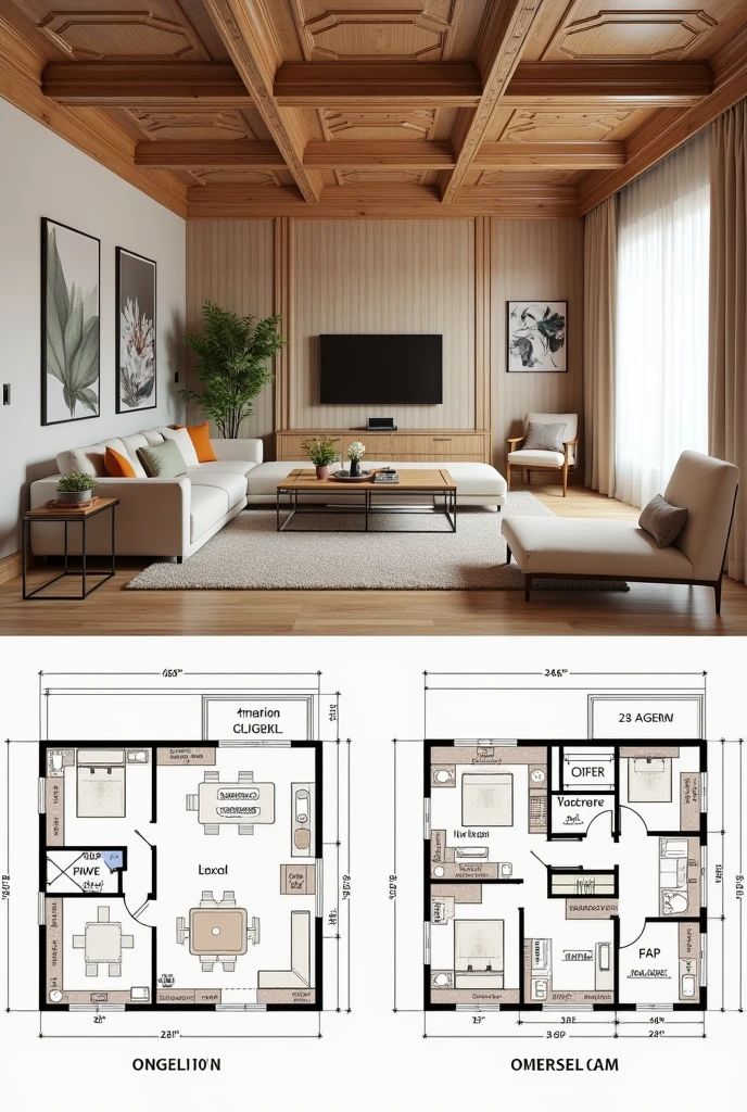 Floor plans, cross sections Beautiful, detailed wooden ceiling interior design. Overall 40m2, with molding details. Modern style, bright colors.
