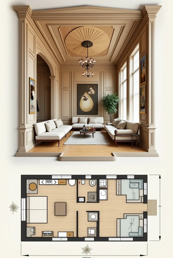Floor plans, cross sections Beautiful, detailed wooden ceiling interior design. Overall 40m2, with molding details. Modern style, bright colors.