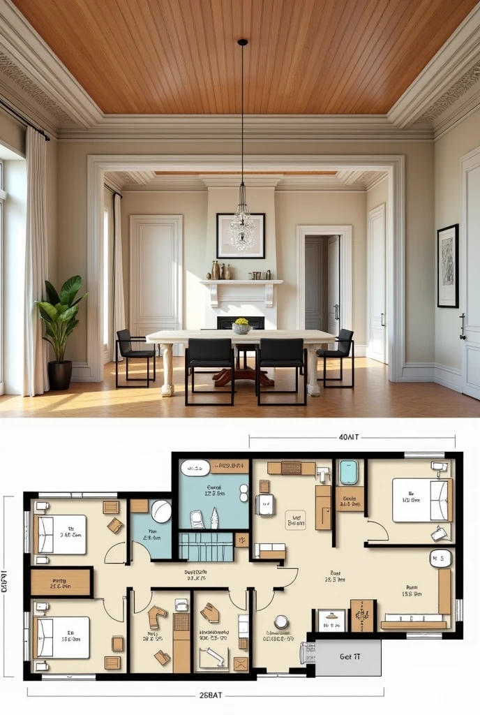 Floor plans, cross sections Beautiful, detailed wooden ceiling interior design. Overall 40m2, with molding details. Modern style, bright colors.