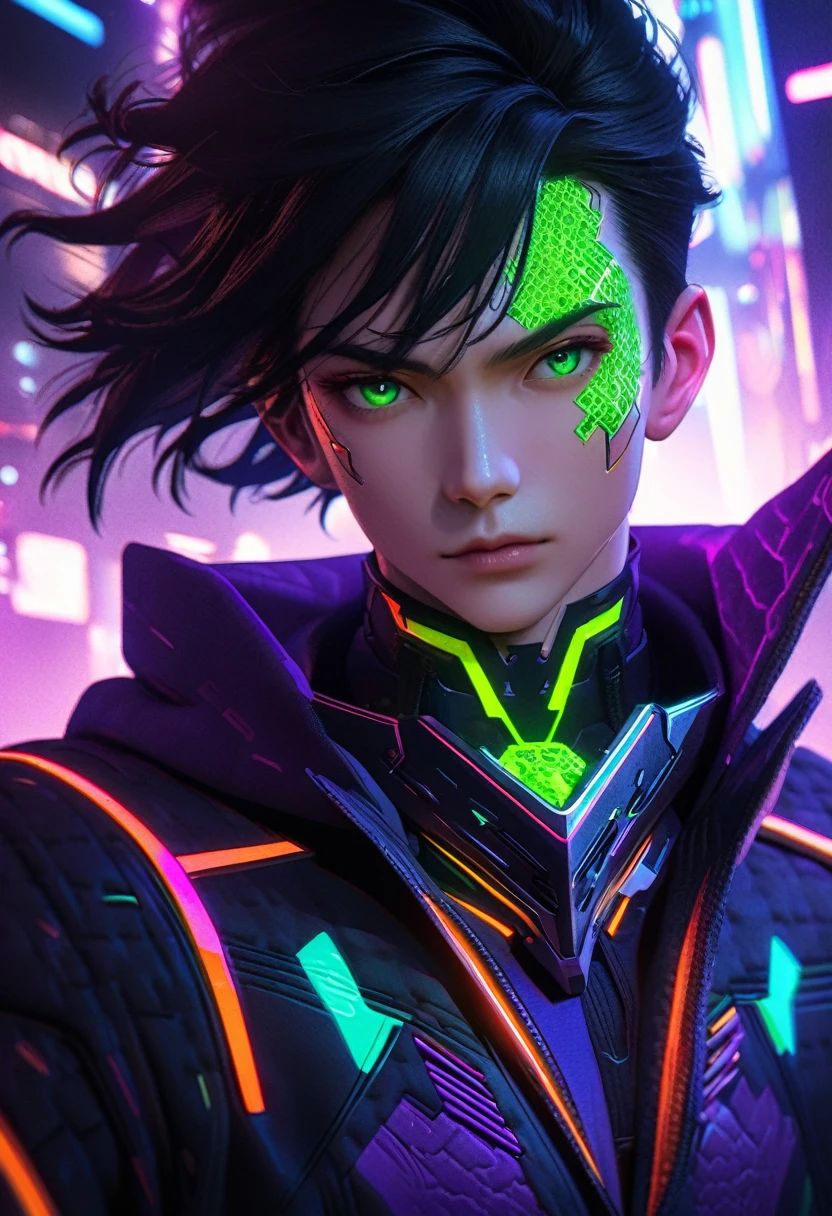 anime style, 1 man with short black hair and green eyes, wearing a black and purple hooded futuristic cyberpunk outfit, playing cards, intricate details, octane render, 8k, HDR, cinematic lighting, chiaroscuro, dramatic colors