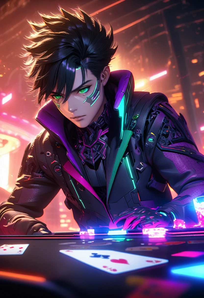 anime style, 1 man with short black hair and green eyes, wearing a black and purple hooded futuristic cyberpunk outfit, playing cards, intricate details, octane render, 8k, HDR, cinematic lighting, chiaroscuro, dramatic colors