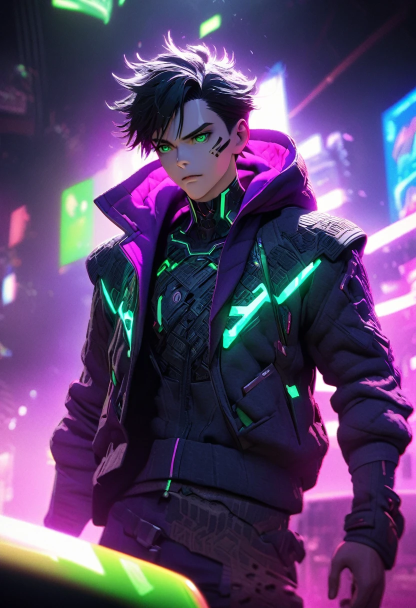 anime style, 1 man with short black hair and green eyes, wearing a black and purple hooded futuristic cyberpunk outfit, playing cards, intricate details, octane render, 8k, HDR, cinematic lighting, chiaroscuro, dramatic colors