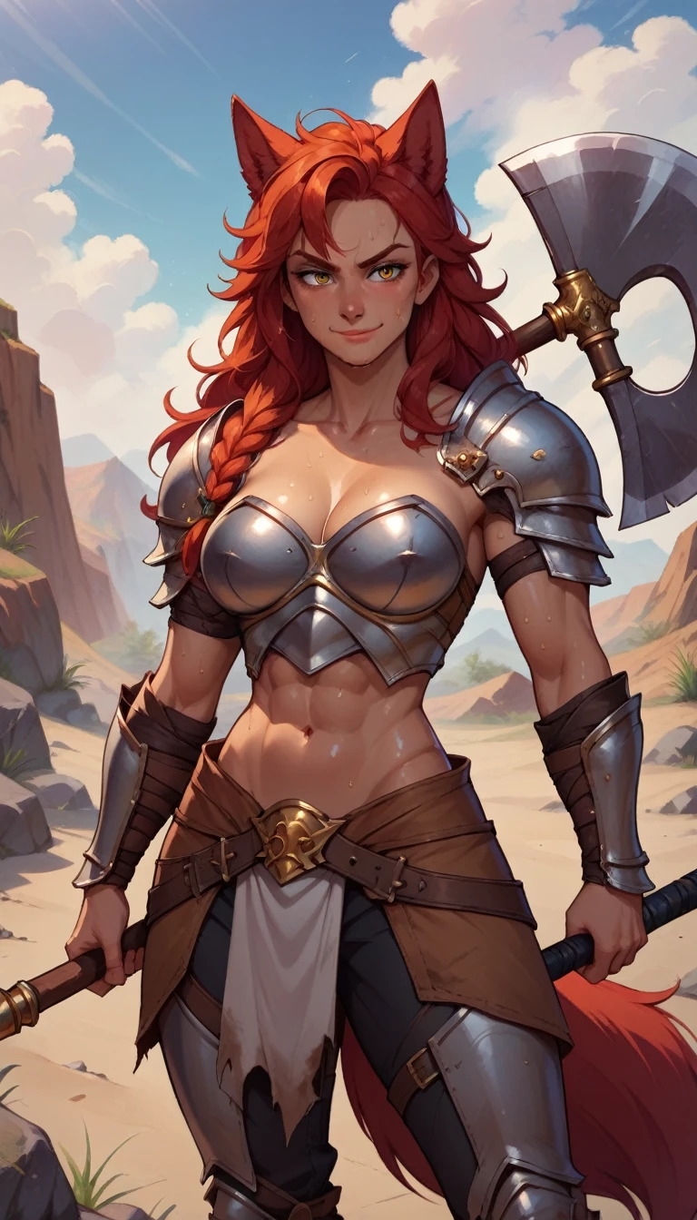 core_9, score_8_up, score_7_up, score_6_up, BREAK 1woman, Wolf female, skinny,big breasts, wearing barbarian armor, in a rocky orange desert terrain, smirking, sweating, holding axe, red hair, wolf mouth