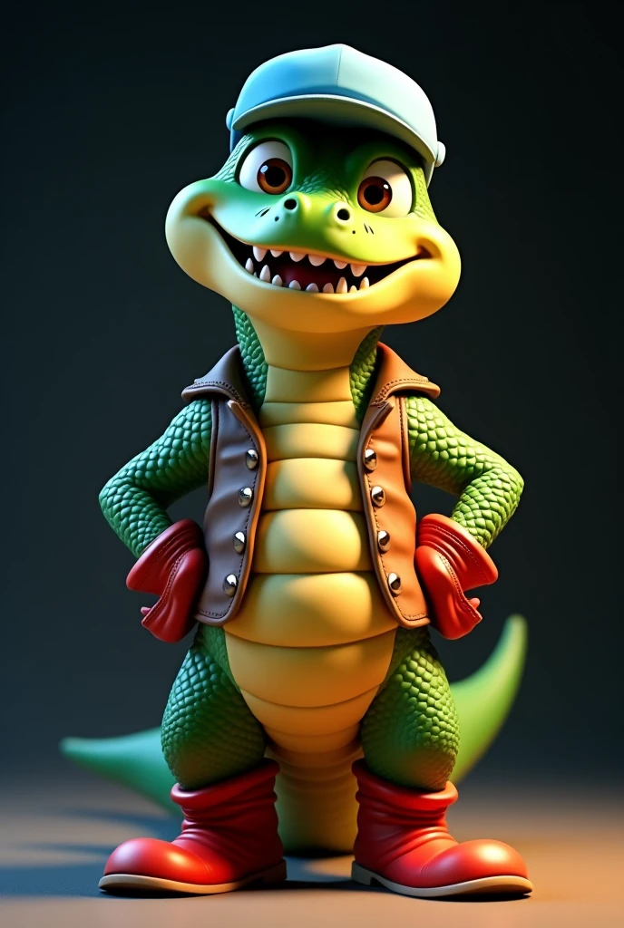 Create a cool looking 3D cartoon style anthropomorphic crocodile character .The crocodile must have red boots, light blue cap and a sleeveless brown vest. The character should have a happy face and be standing on a dark background. The overall style should be detailed, Vibrant and reminiscent of characters from animated films or modern video games.
