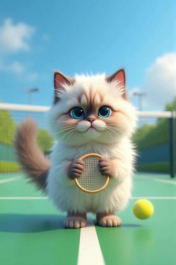A Ragdoll cat playing tennis.